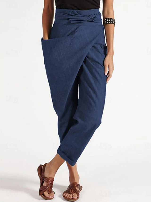 Women's High Waist Full-Length Straight Leg Twill Cotton Pants with Solid Color, Pockets & Elastic Waistband, Soft Breathable Street & Vacation Trousers for Spring, Summer & Autumn