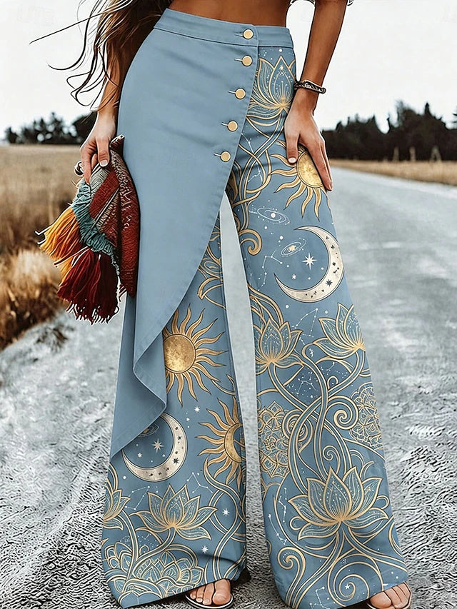 Women's High Waist Full-Length Layered Wide Leg Pants, Ethnic Vacation Fashion, Regular Fit for Spring & Summer