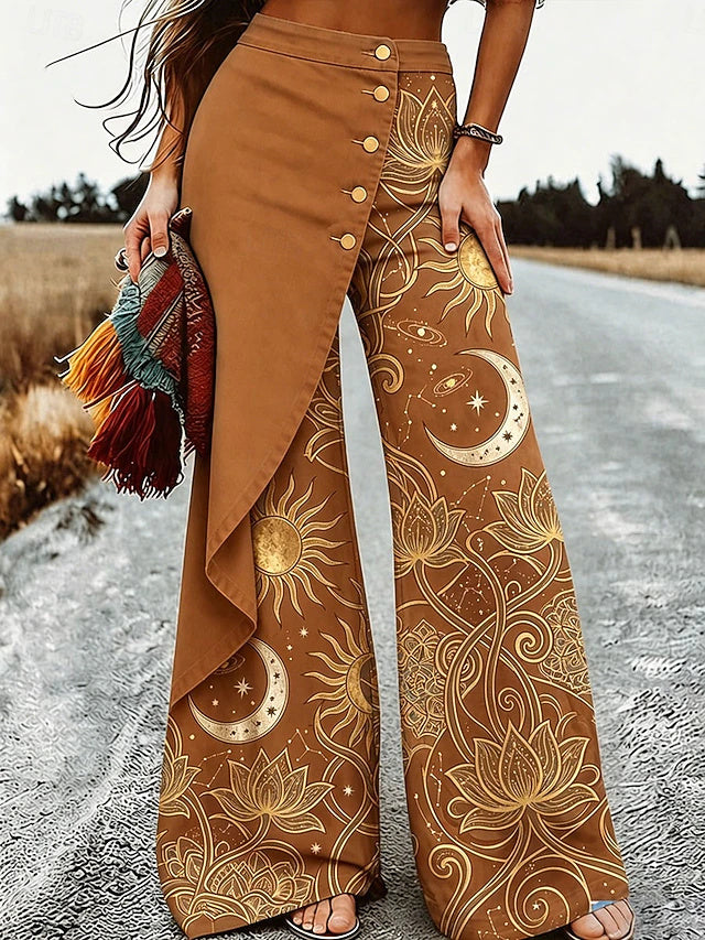 Women's High Waist Full-Length Layered Wide Leg Pants, Ethnic Vacation Fashion, Regular Fit for Spring & Summer