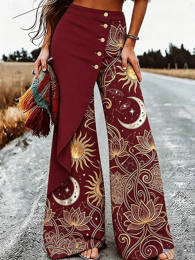 Women's High Waist Full-Length Layered Wide Leg Pants, Ethnic Vacation Fashion, Regular Fit for Spring & Summer