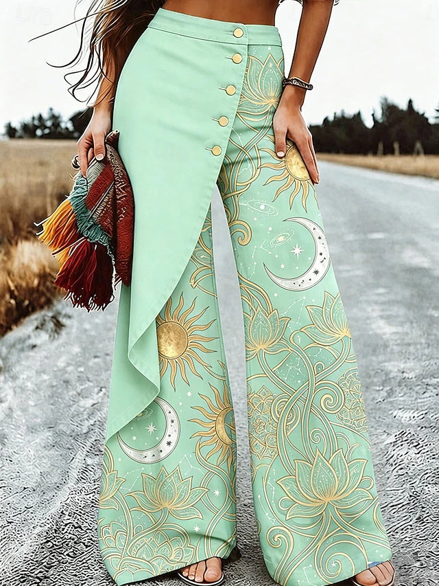 Women's High Waist Full-Length Layered Wide Leg Pants, Ethnic Vacation Fashion, Regular Fit for Spring & Summer