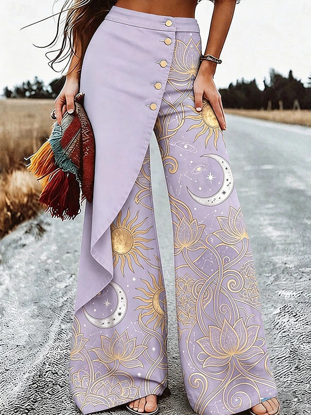 Women's High Waist Full-Length Layered Wide Leg Pants, Ethnic Vacation Fashion, Regular Fit for Spring & Summer