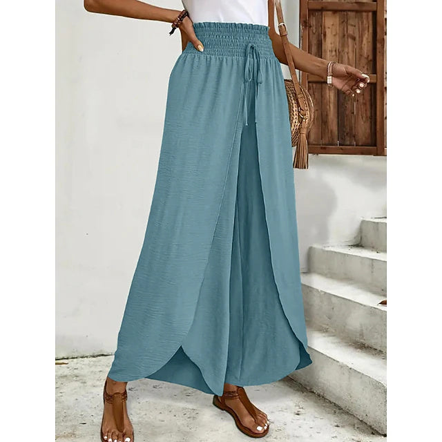 Women's High Waist Full-Length Solid Wide Leg Pants, Basic Vacation Style, Loose Breathable Daily Trousers for Spring, Summer & Autumn