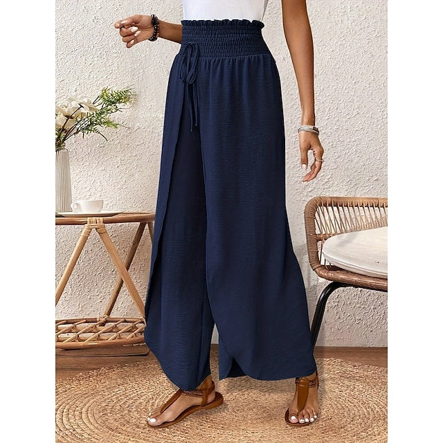 Women's High Waist Full-Length Solid Wide Leg Pants, Basic Vacation Style, Loose Breathable Daily Trousers for Spring, Summer & Autumn