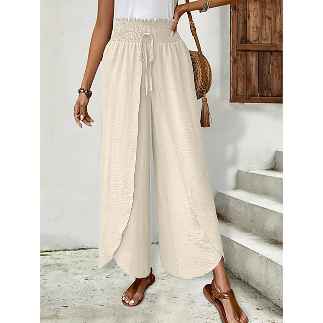Women's High Waist Full-Length Solid Wide Leg Pants, Basic Vacation Style, Loose Breathable Daily Trousers for Spring, Summer & Autumn