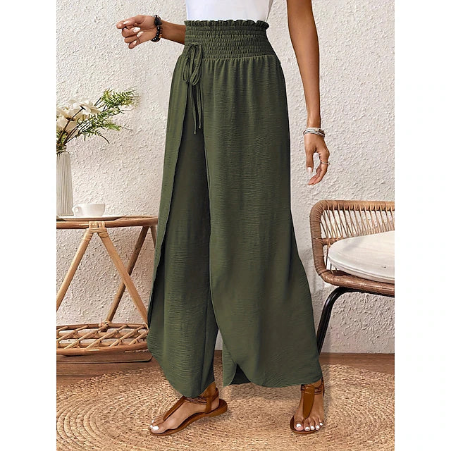 Women's High Waist Full-Length Solid Wide Leg Pants, Basic Vacation Style, Loose Breathable Daily Trousers for Spring, Summer & Autumn