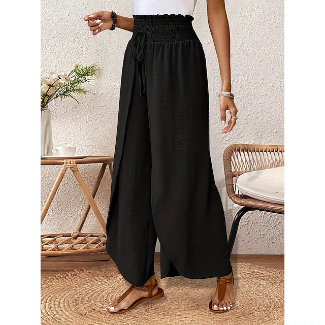 Women's High Waist Full-Length Solid Wide Leg Pants, Basic Vacation Style, Loose Breathable Daily Trousers for Spring, Summer & Autumn