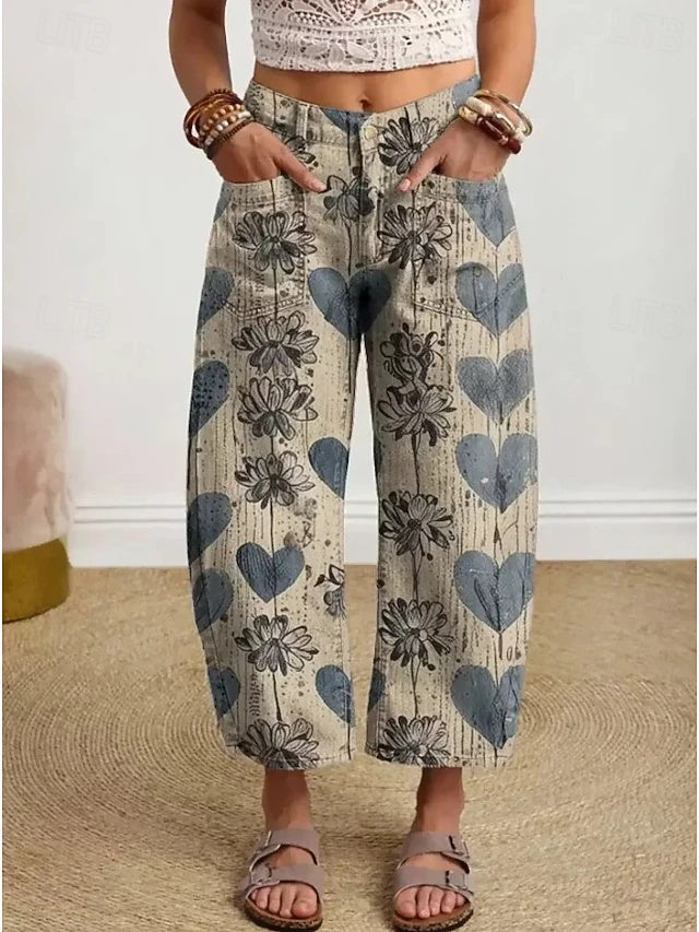 Women's High Waist Floral Printed Cropped Wide Leg Pants, Retro Vacation Style, Soft Breathable Trousers for Daily & Outdoor Wear