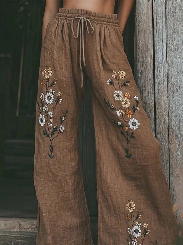 Women's High Waist Full-Length Floral Printed Wide Leg Pants with Drawstring Elastic Waist, Breathable Comfort Street Style Trousers for Daily Wear in Spring & Autumn