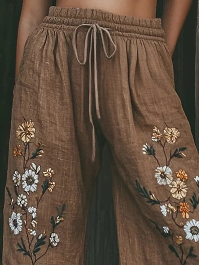 Women's High Waist Full-Length Floral Printed Wide Leg Pants with Drawstring Elastic Waist, Breathable Comfort Street Style Trousers for Daily Wear in Spring & Autumn