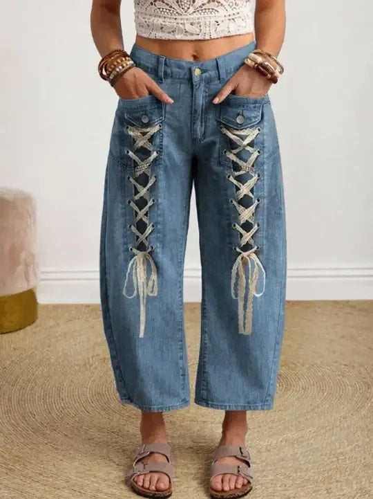 Women's Vintage-style Textured Floral Art Print Casual Cotton Trousers With Pockets.