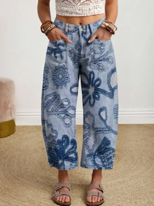 Women's Vintage-style Textured Floral Art Print Casual Cotton Trousers With Pockets.