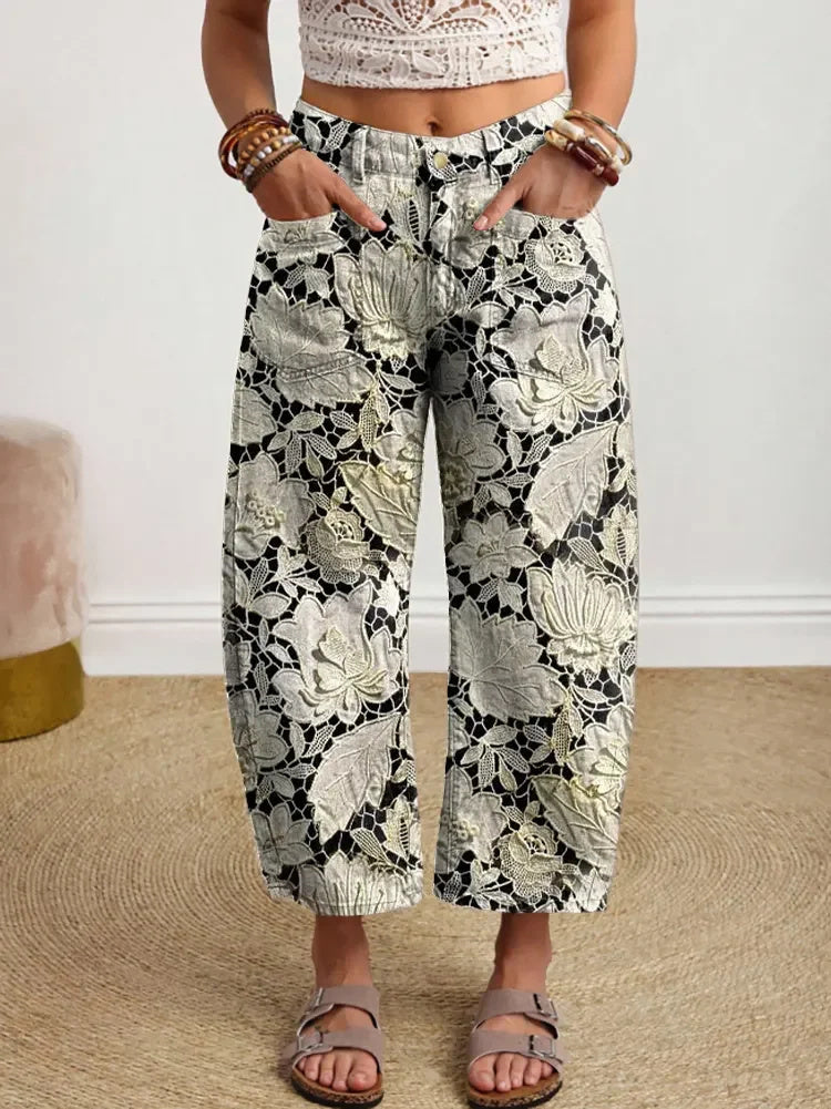 Women's Vintage-style Textured Floral Art Print Casual Cotton Trousers With Pockets.