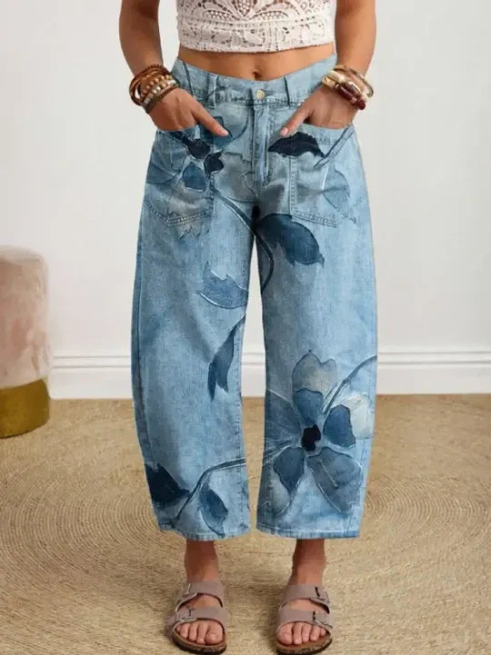 Women's Vintage-style Textured Floral Art Print Casual Cotton Trousers With Pockets.