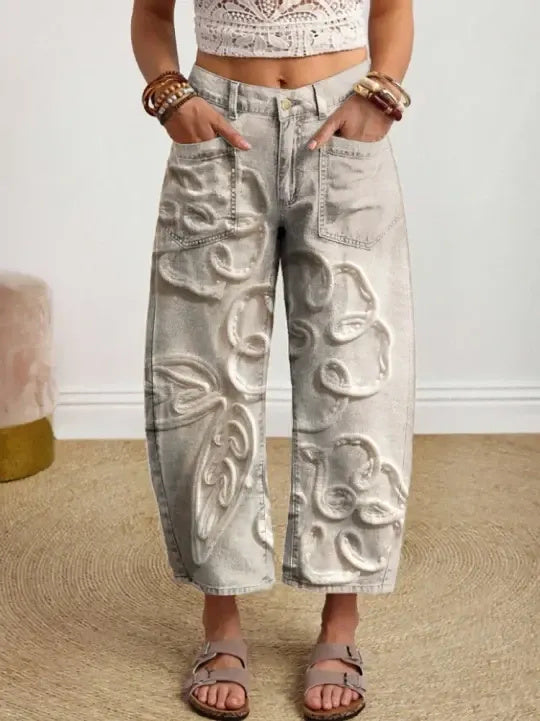 Women's Vintage-style Textured Floral Art Print Casual Cotton Trousers With Pockets.