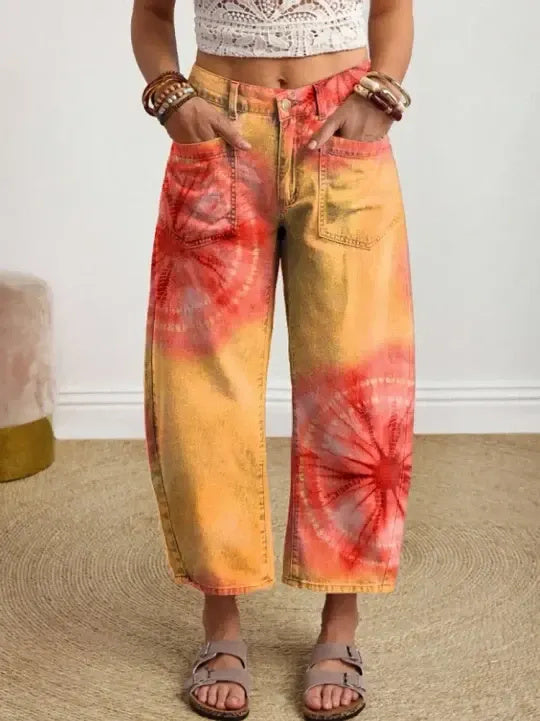 Women's Vintage-style Textured Floral Art Print Casual Cotton Trousers With Pockets.