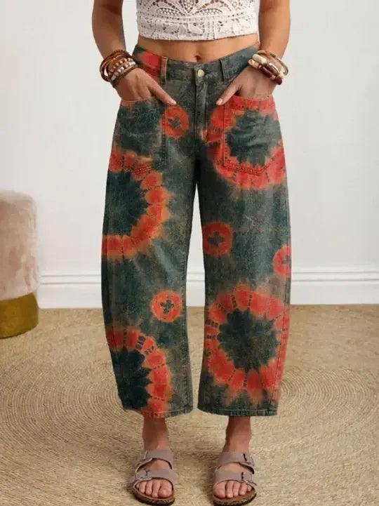 Women's Vintage-style Textured Floral Art Print Casual Cotton Trousers With Pockets.