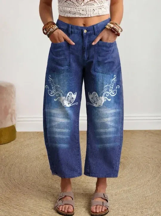Women's Vintage-style Textured Floral Art Print Casual Cotton Trousers With Pockets.