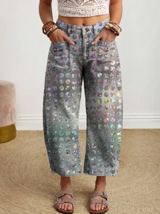 Women's Vintage-style Textured Floral Art Print Casual Cotton Trousers With Pockets.