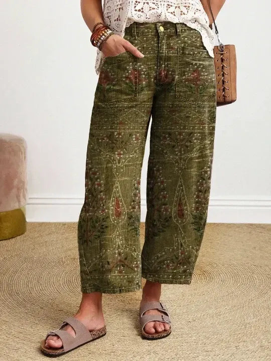 Women's Vintage-style Textured Floral Art Print Casual Cotton Trousers With Pockets.
