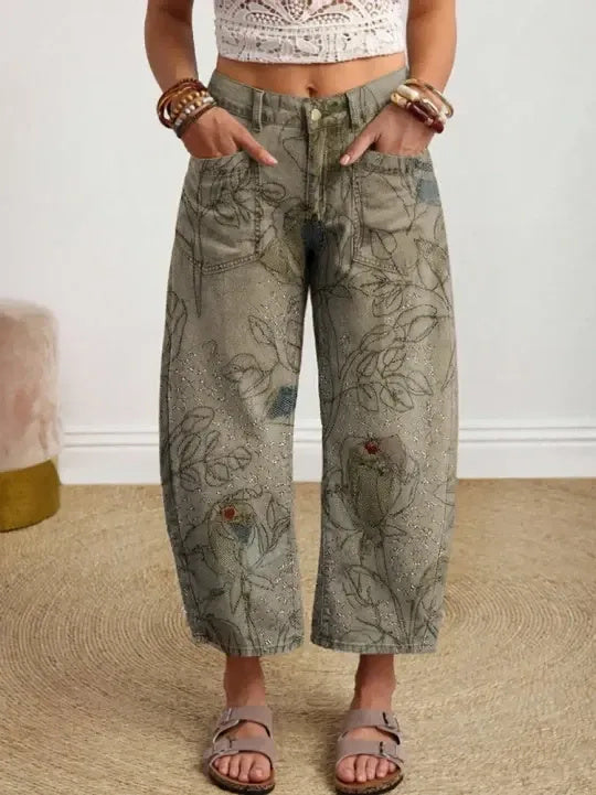 Women's Vintage-style Textured Floral Art Print Casual Cotton Trousers With Pockets.