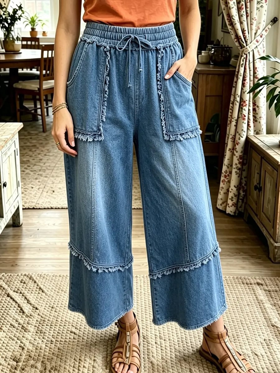 Women's Drawstring Elastic Waist Frayed Pocket Patchwork Frayed Hem Cropped Wide Leg Denim Pants