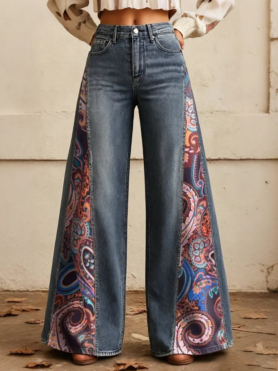 Women's Multicolor Paisley Swirl Print Side Panel Wide Leg Jeans