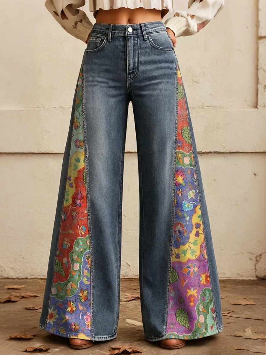Women's Bohemian Floral Print Side Panel Wide Leg Jeans
