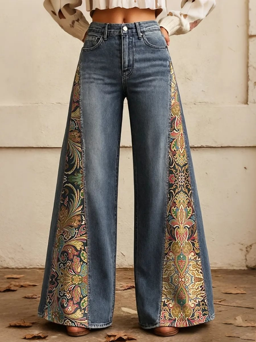 Women's Vintage Paisley Print Side Panel Wide Leg Jeans