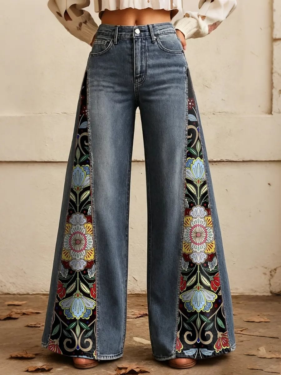 Women's Folk Art Floral Print Side Panel Wide Leg Jeans