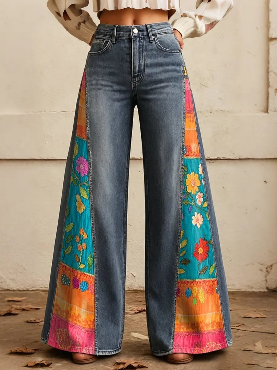 Women's Bohemian Floral Patchwork Print Side Panel Wide Leg Jeans