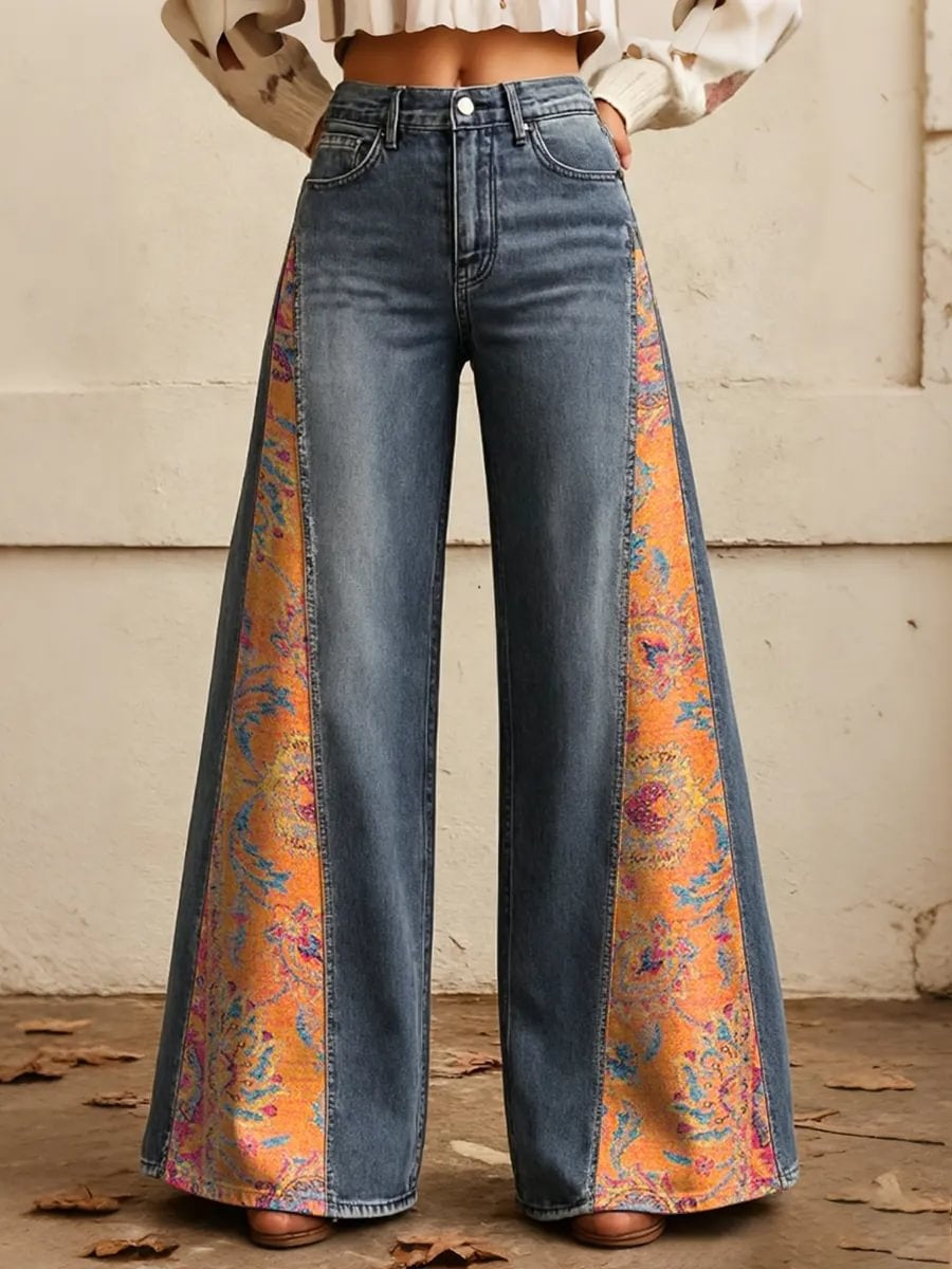 Women's Floral Paisley Print Side Panel Wide Leg Jeans
