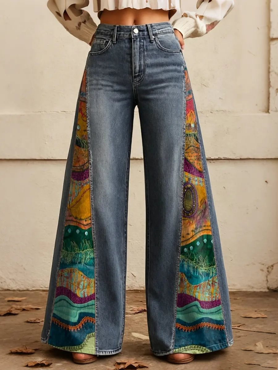 Women's Tribal Patchwork Print Side Panel Wide Leg Jeans
