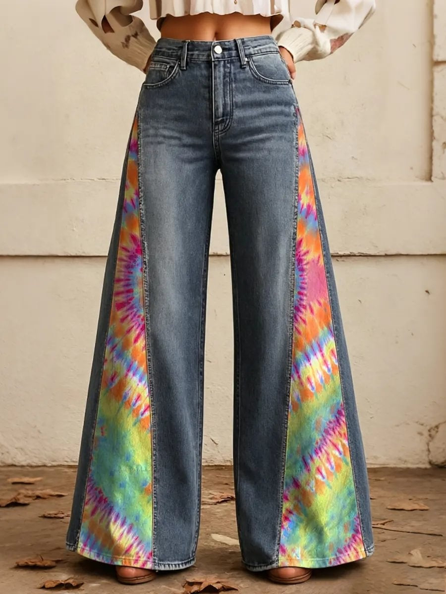 Women's Tie-Dye Print Side Panel Wide Leg Jeans