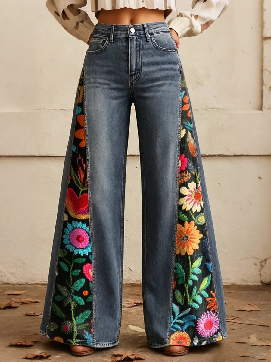 Women's Bohemian Floral Print Side Panel Wide Leg Jeans