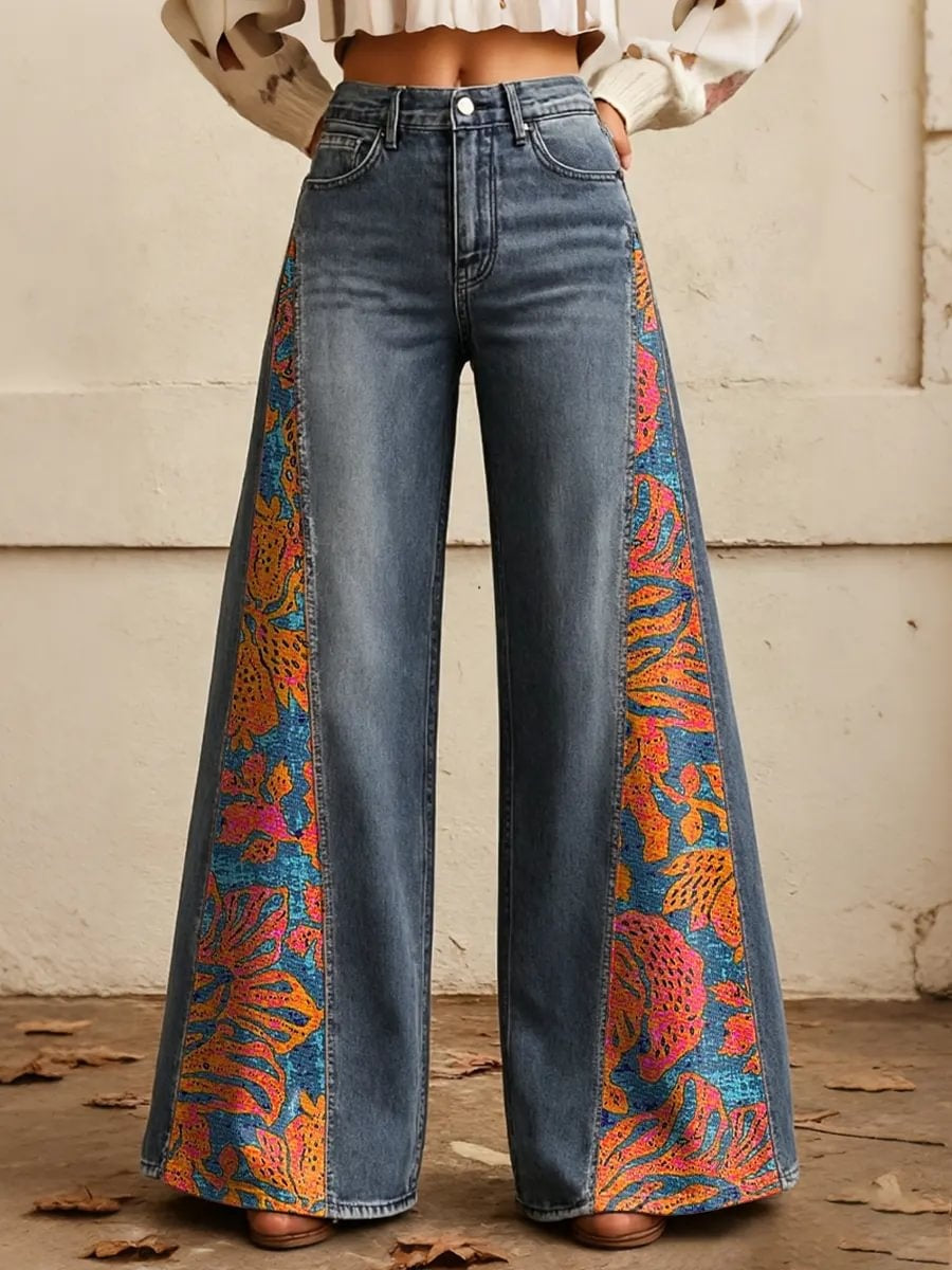 Women's Tropical Leaf Print Side Panel Wide Leg Jeans