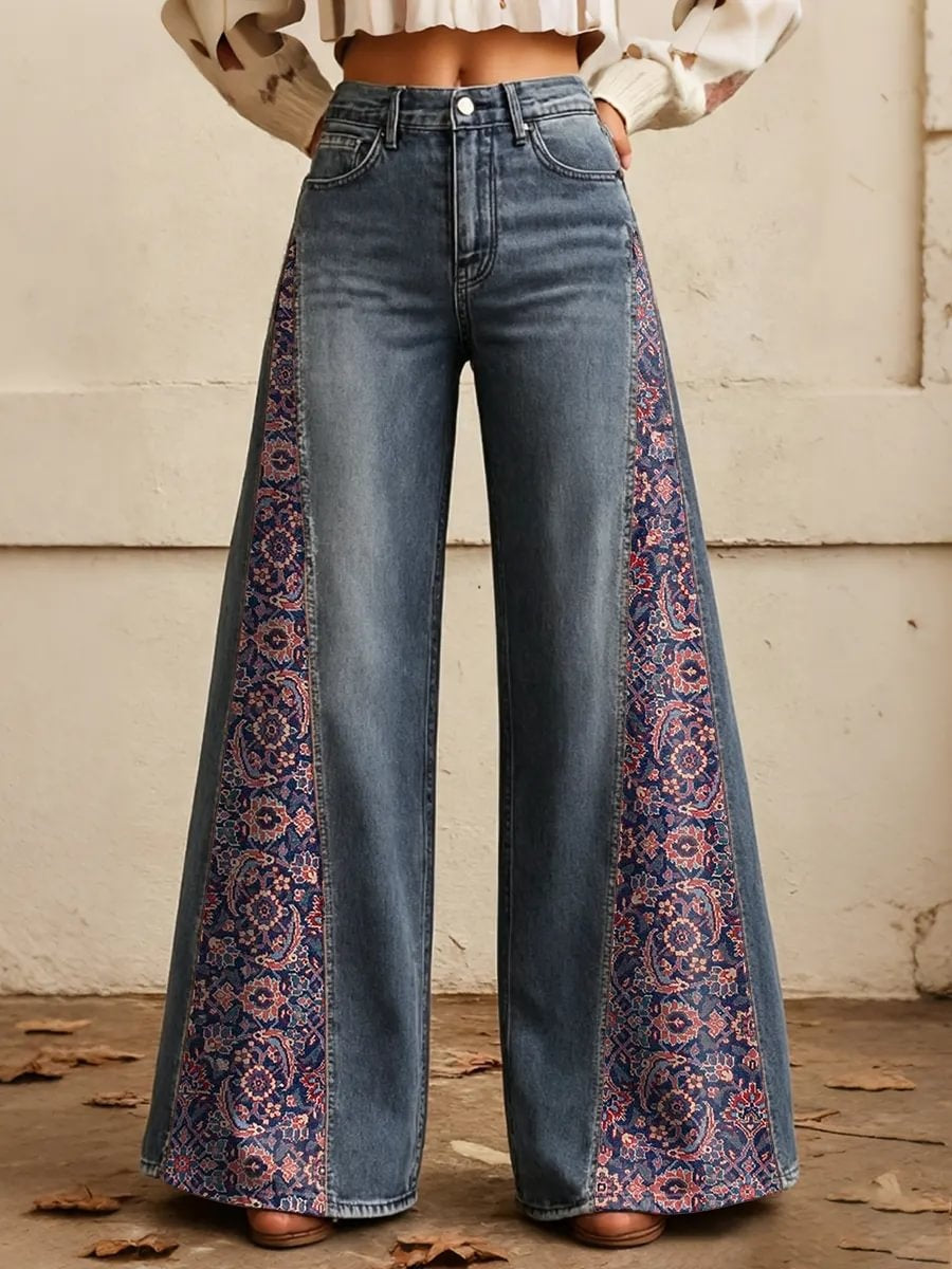 Women's Ethnic Persian Rug Print Side Panel Wide Leg Jeans