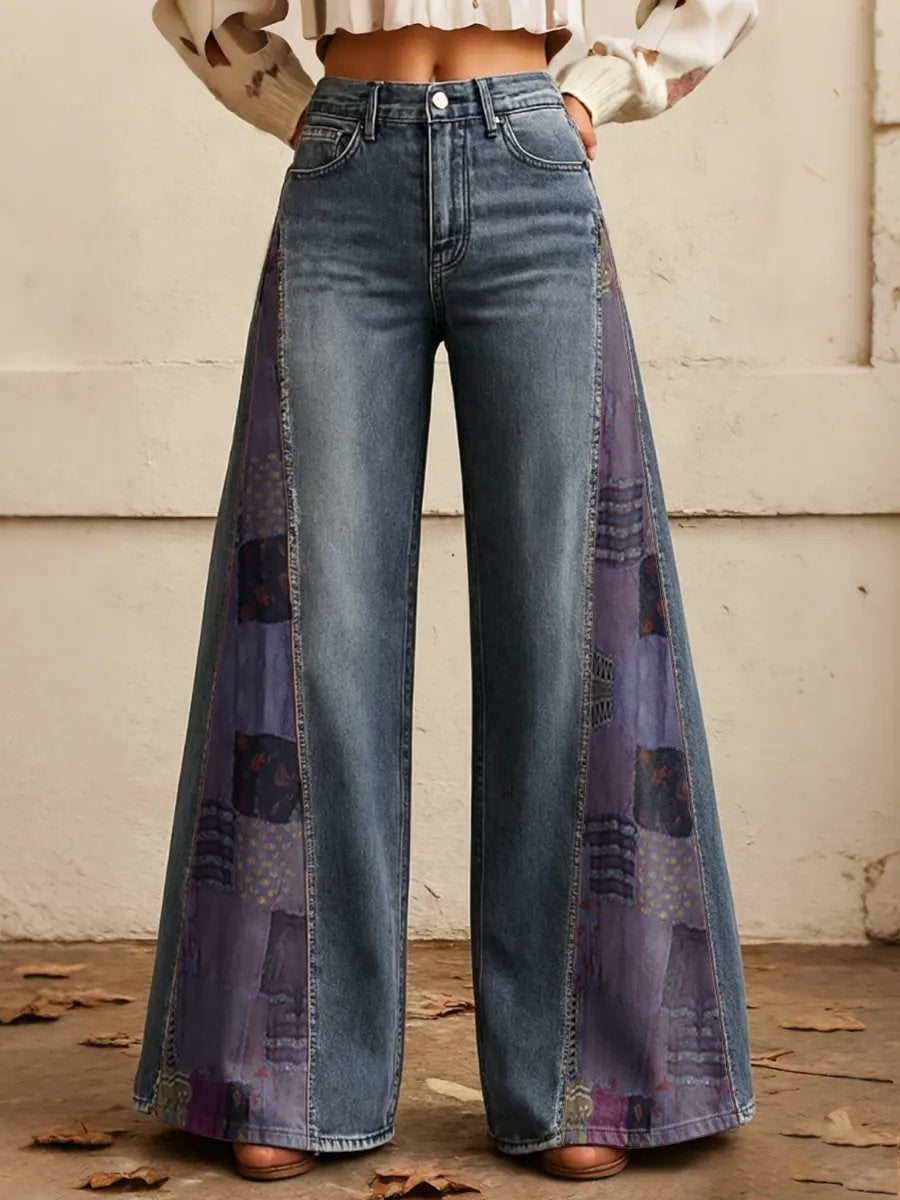 Women's Boho Patchwork Print Side Panel Wide Leg Jeans