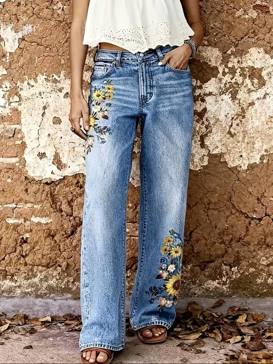 Women's Bohemian Floral Print Comfortable Pocket Cotton Jeans