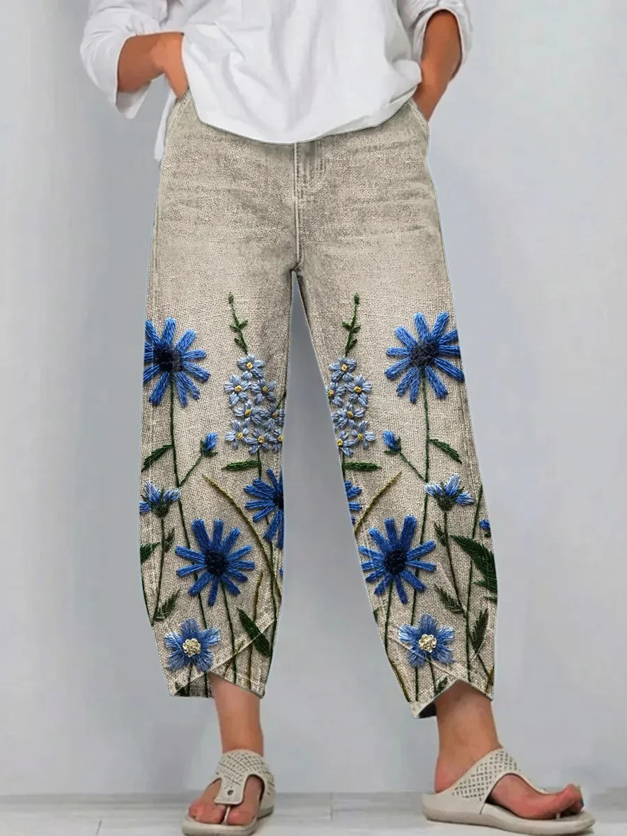 Ethnic Bohemia Flowers Texture Women's Art Pattern Print Casual Denim Cotton Pants $49.99