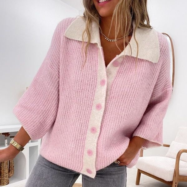 Sweet Pink Collared Long Sleeve Cardigan