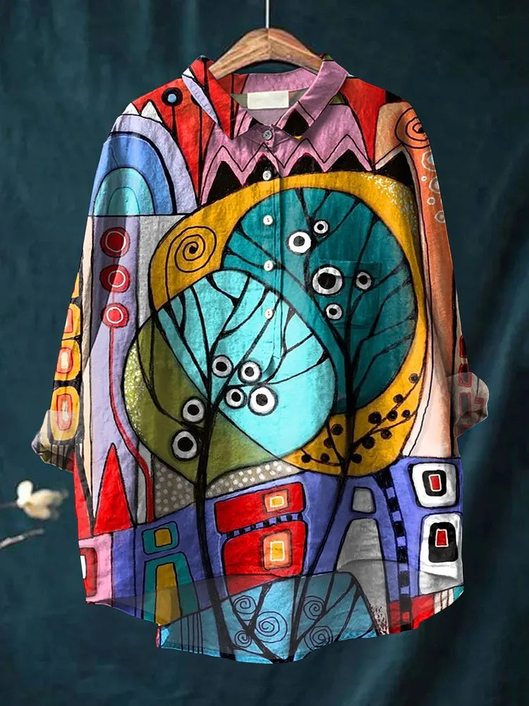 Women's Abstract Art Print Casual Cotton Linen Shirt