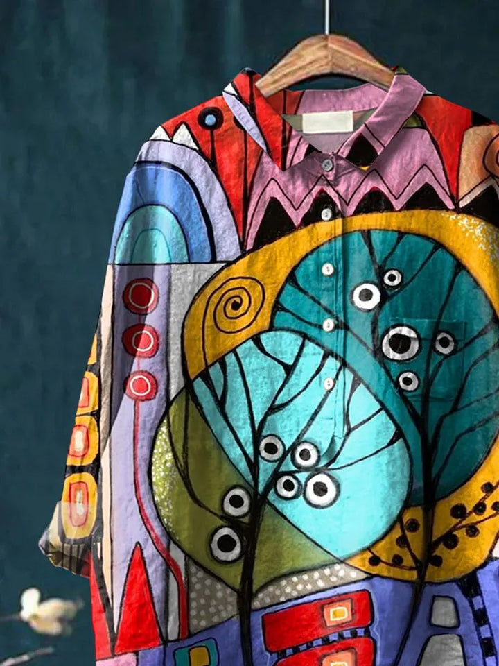 Women's Abstract Art Print Casual Cotton Linen Shirt