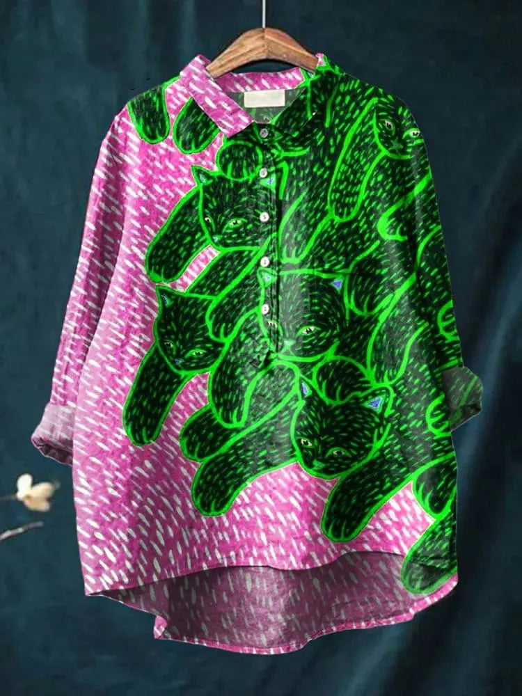 Women's Cat Art Print Casual Cotton And Linen Shirt