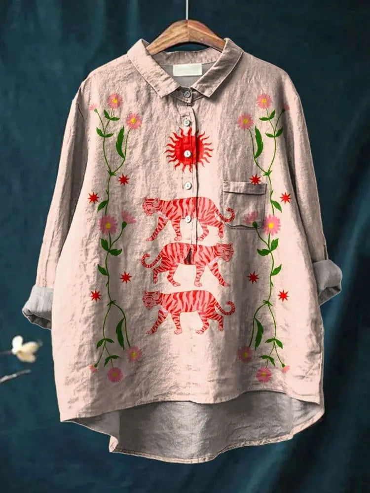 Retro cute floral tiger art print casual cotton and linen shirt