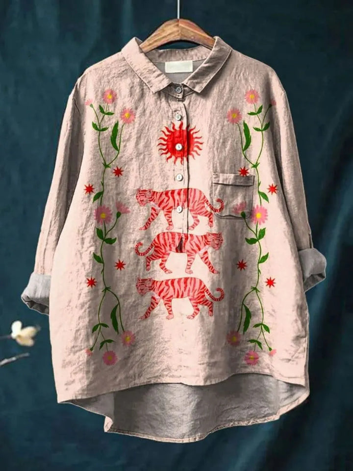 Retro cute floral tiger art print casual cotton and linen shirt