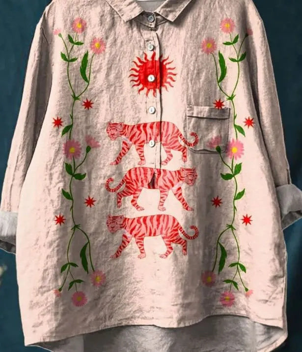 Retro cute floral tiger art print casual cotton and linen shirt