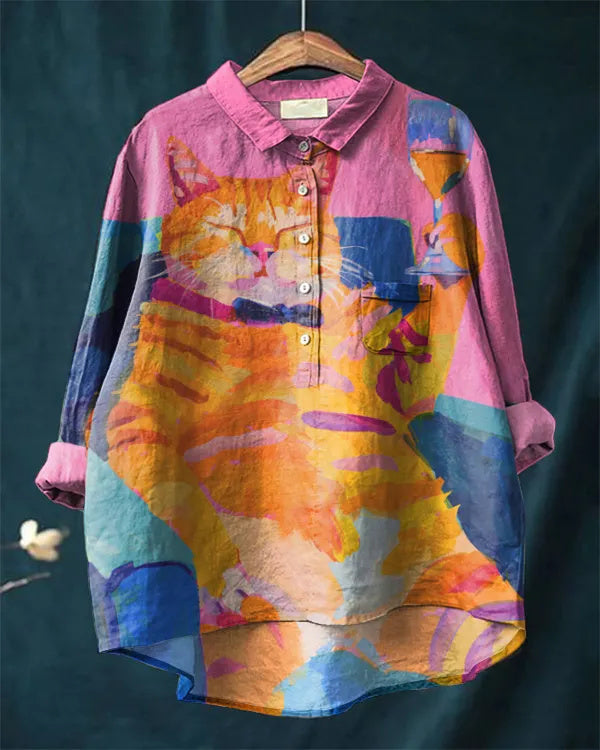 Elegant Cat Artistic Linen Casual Shirt