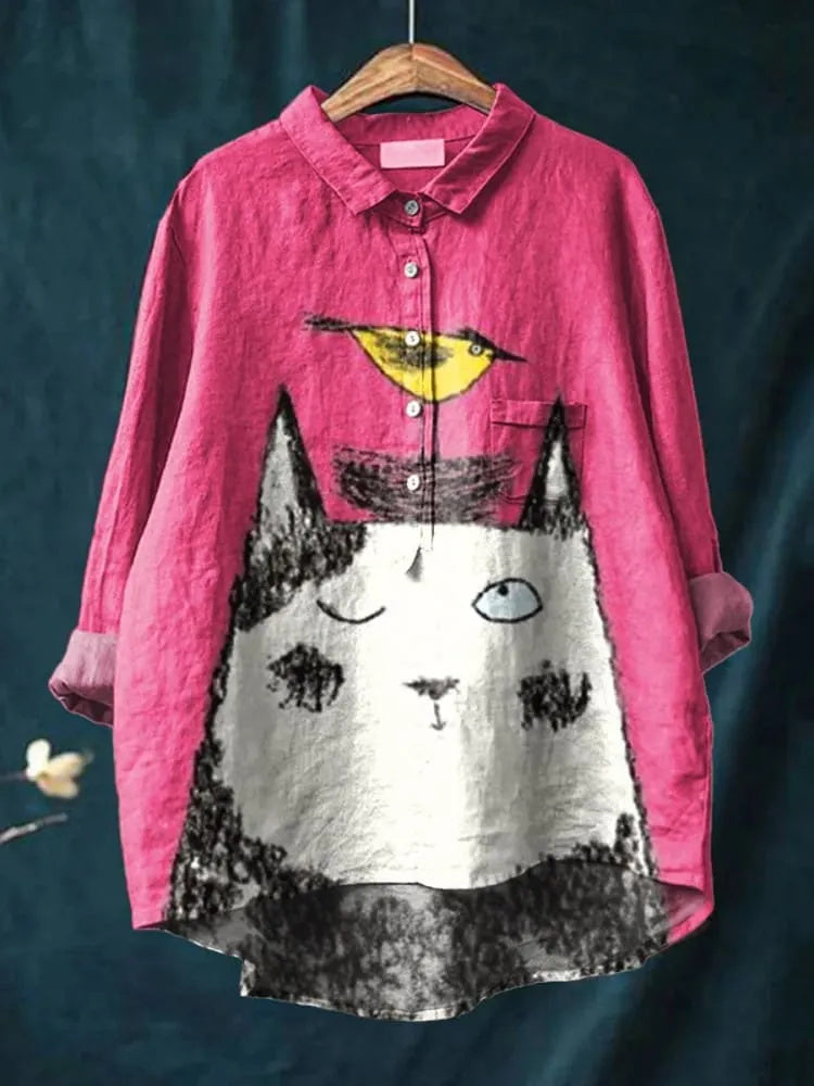 Women's Cat Art Print Casual Cotton Linen Shirt