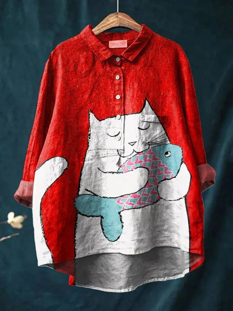 Women's Cat Art Print Casual Cotton And Linen Shirt